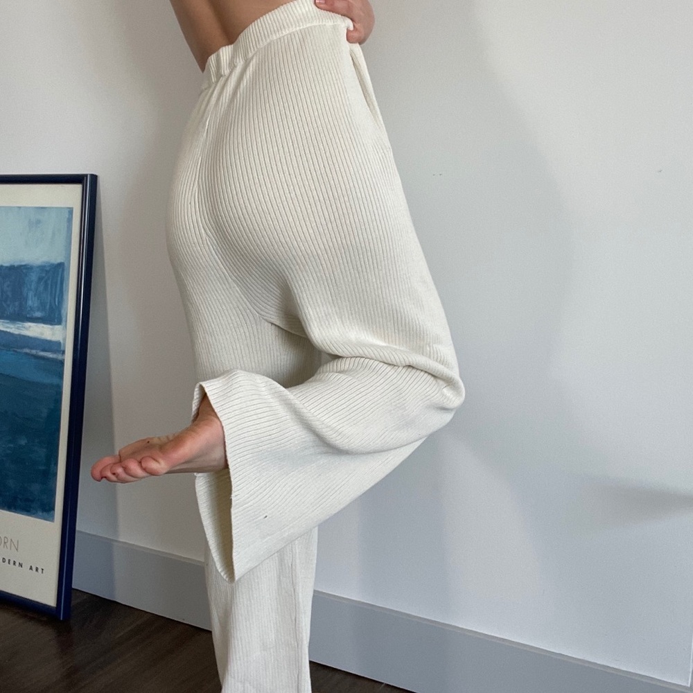 ASOS Cream Knit Wide Leg Pant Elasticized Waist Casual Lounge Trouser pockets L